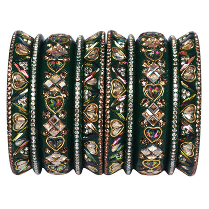 Handmade Royal Rajasthani Green Lac Bangles Set with antique Kundan and rhinestone work for bridal, wedding, and festive wear by TAJ BRIDAL STORE