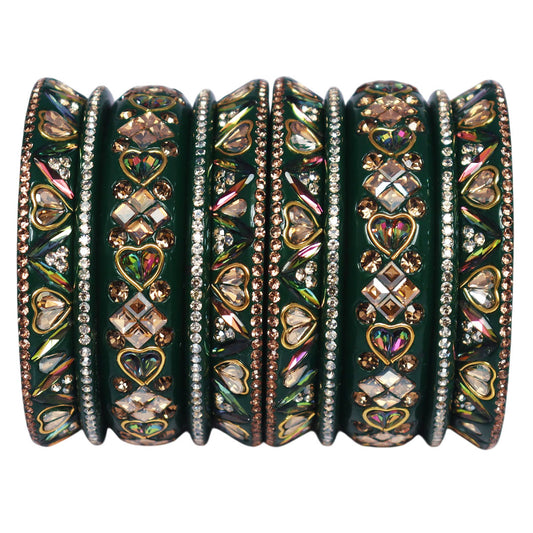 Handmade Royal Rajasthani Green Lac Bangles Set with antique Kundan and rhinestone work for bridal, wedding, and festive wear by TAJ BRIDAL STORE