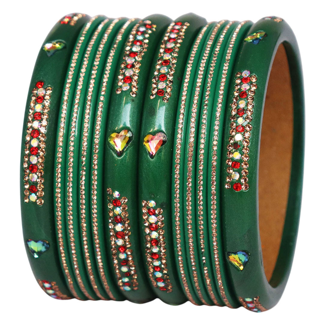 Jaipuri Lac Short Bangles with Heart Shape Kundan & Rhinestones