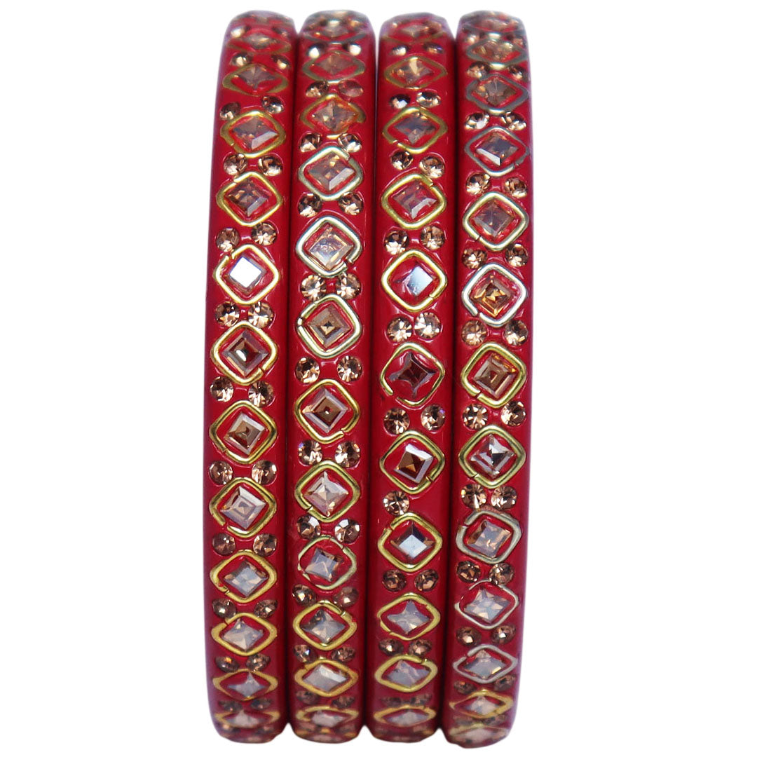 Premium lac bangles for women with square Kundan and rhinestone design, handmade traditional Rajasthani wedding and festive bangles set of 4 by TAJ BRIDAL STORE