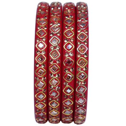 Premium lac bangles for women with square Kundan and rhinestone design, handmade traditional Rajasthani wedding and festive bangles set of 4 by TAJ BRIDAL STORE
