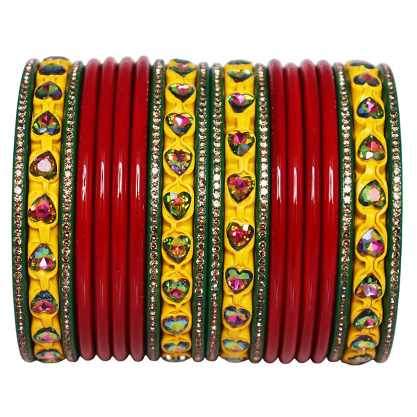 Traditional Rajasthani Lac Bangles Set for Women | Red, Green & Yellow Handmade Bridal Bangles with Multicolor Heart Stone Design By TAJ BRIDAL STORE