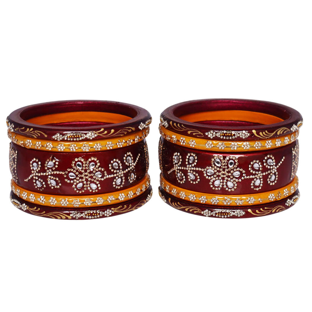 Bridal Jaipuri Lac Bangles Set for Women in Maroon & Red Featuring Handmade Floral Rhinestone and Golden Leaf Design