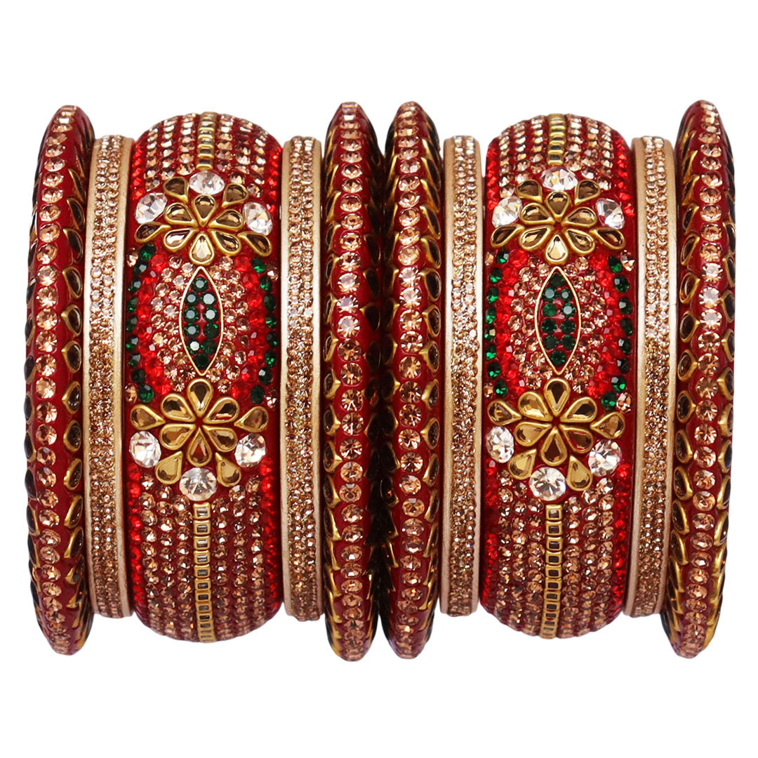 Luxurious Rajasthani Lac Bangles Set with Kundan & Rhinestone Design