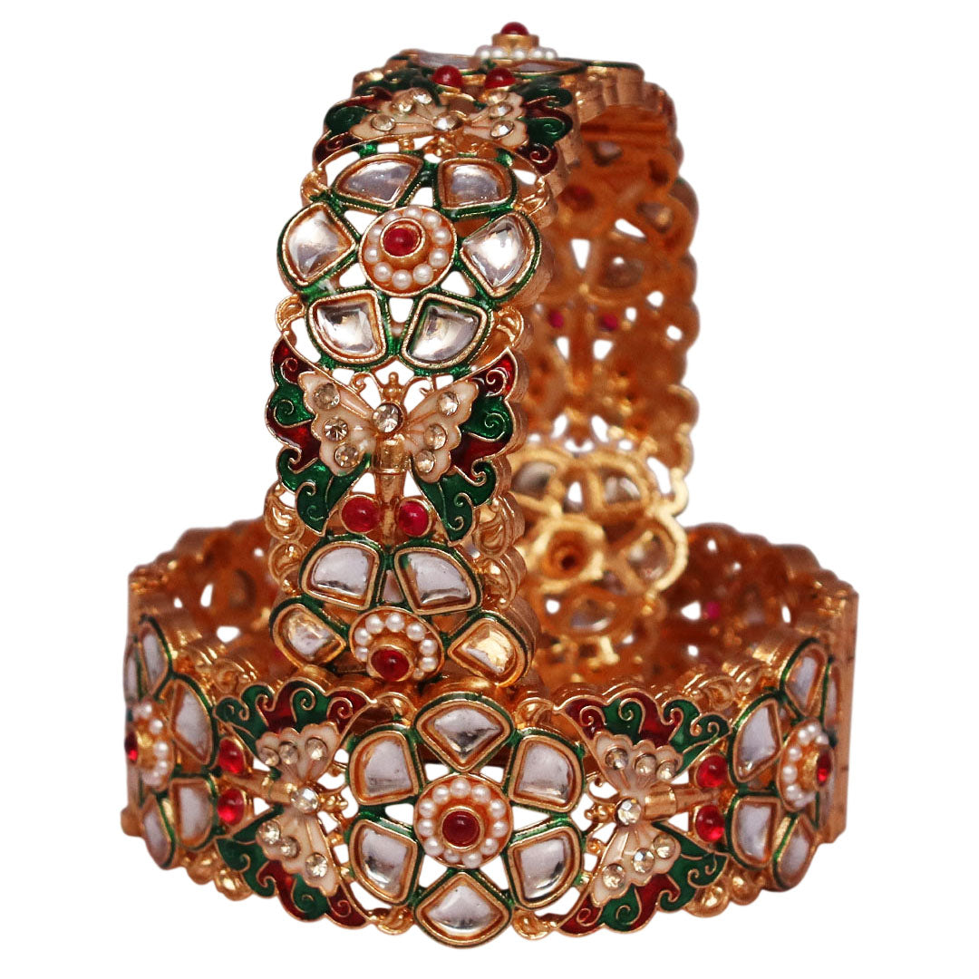 Gold Plated Metal Bracelet with Butterfly & Floral Kundan Design