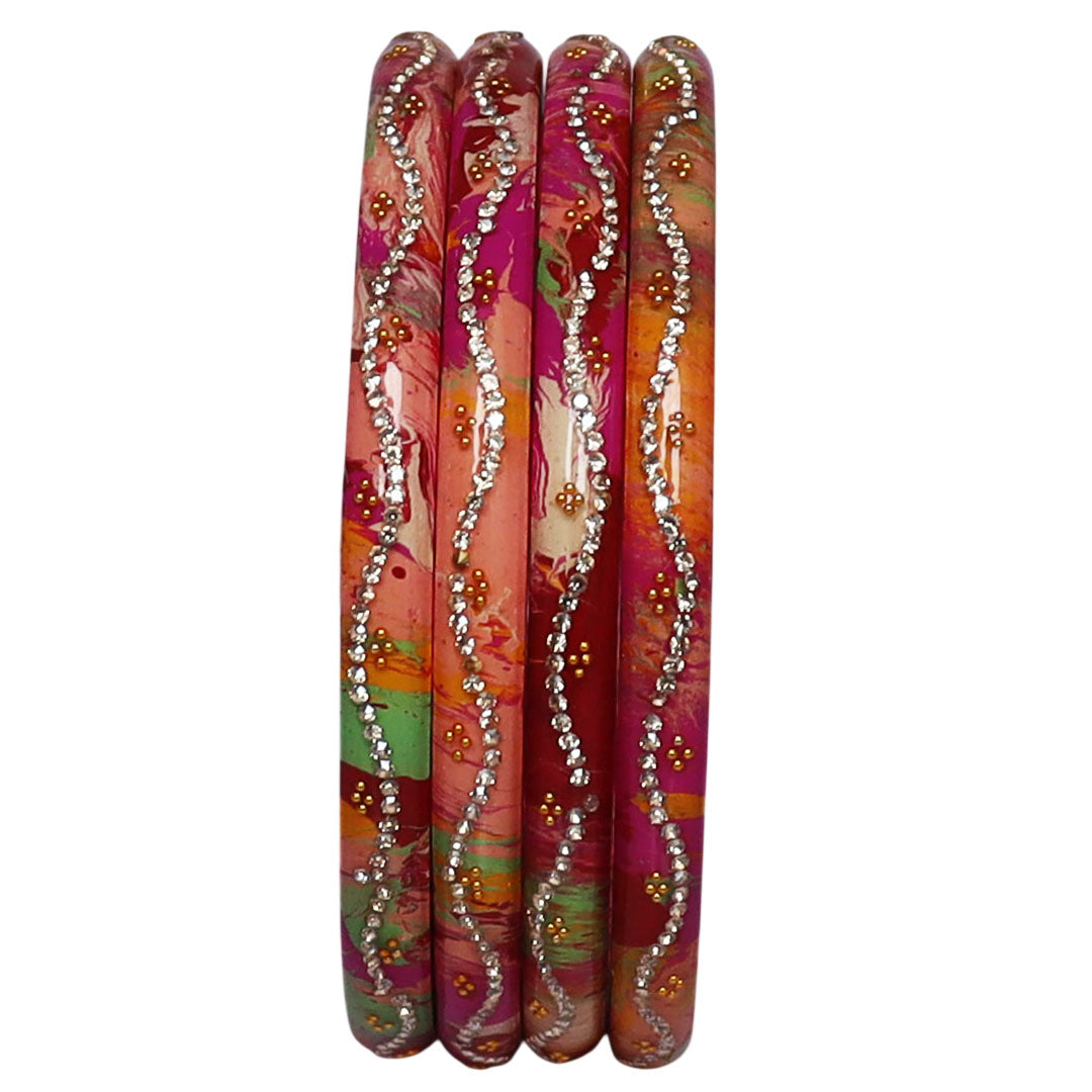 Traditional Rajasthan Handmade Lac Bangles for Women Designer Glossy Rhinestone Wave Pattern Jewelry Set