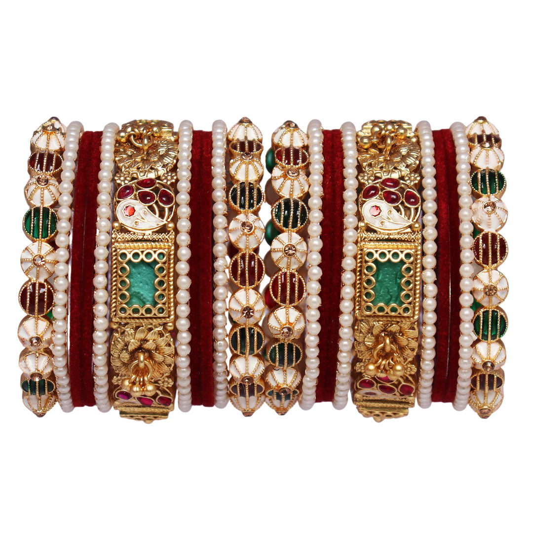 Stylish Short Bridal Bangles Set with Rajwadi Metal Kada in Red Golden Cream | Handmade Wedding Bangles for Women