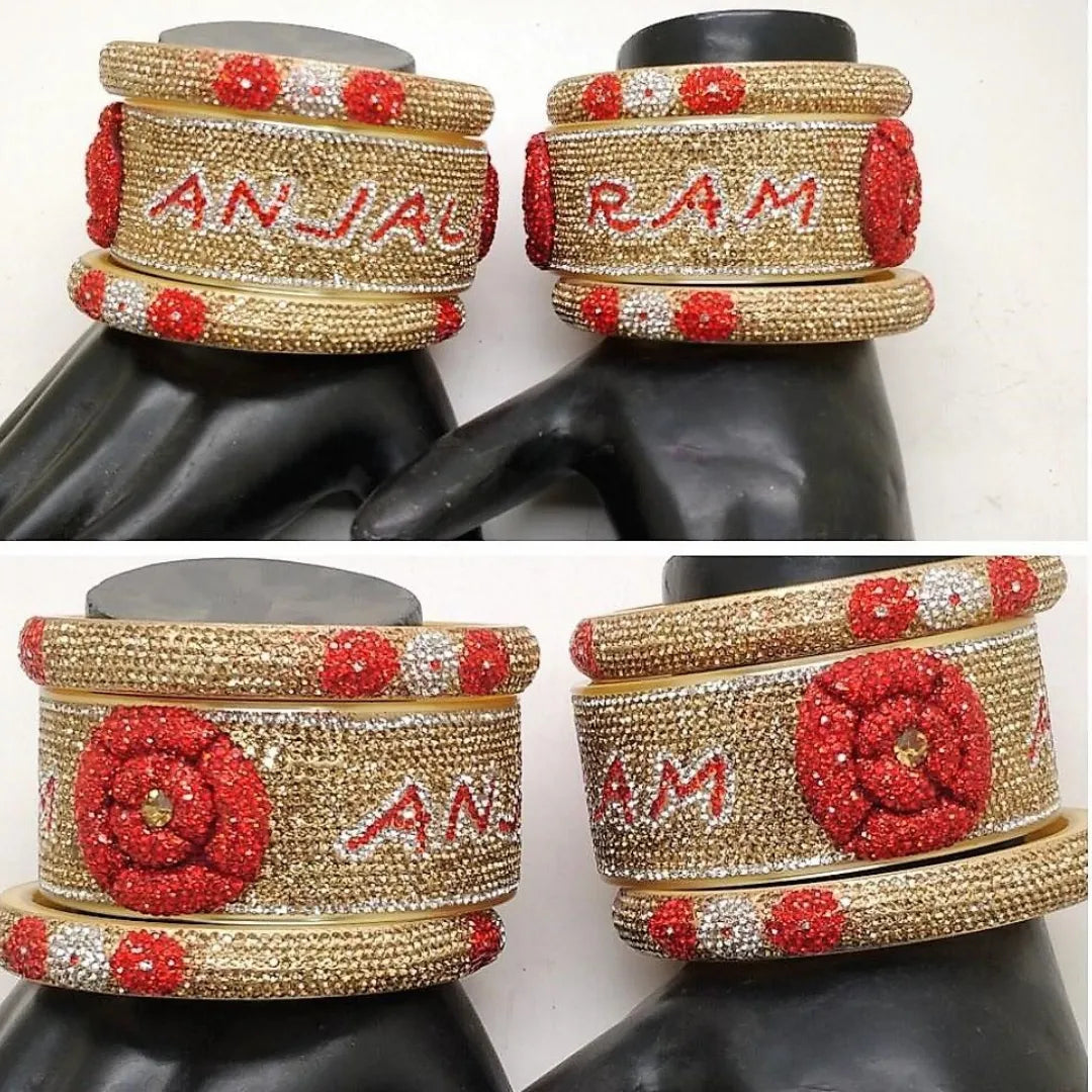 Name Bangles Set with Beautiful Embossed Flower (Pack of 6)