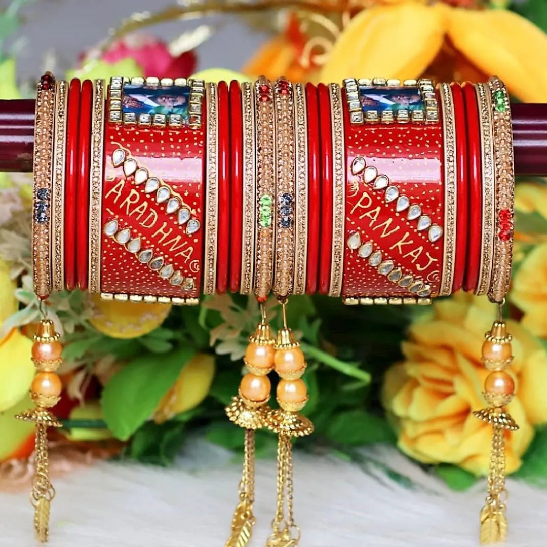 Name and Photo Wedding Bangle with Beautiful Moti Latkan Taj Bridal Store