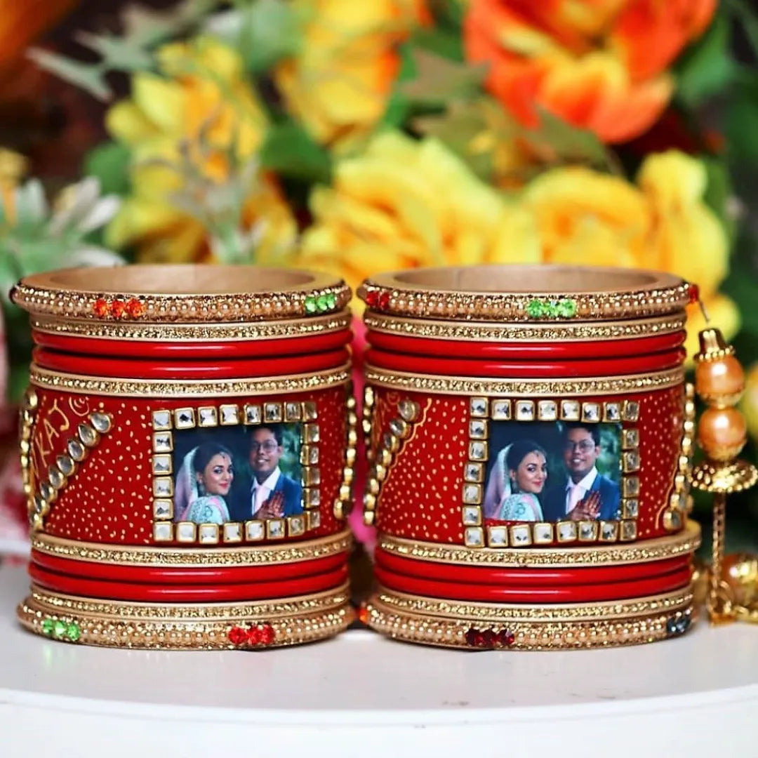 Name and Photo Wedding Bangle with Beautiful Moti Latkan Taj Bridal Store