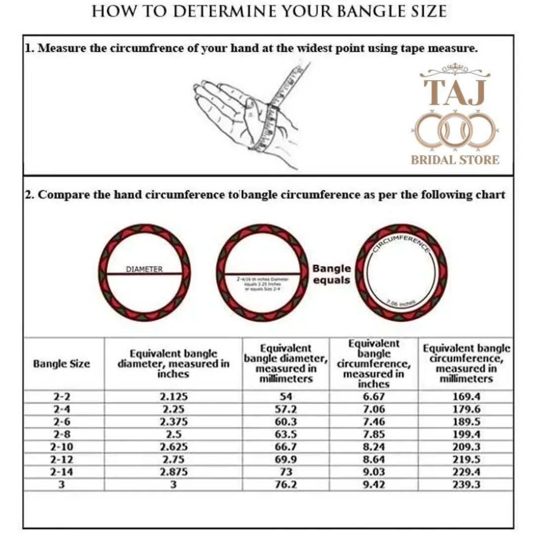 Taj Bridal Store Size Chart