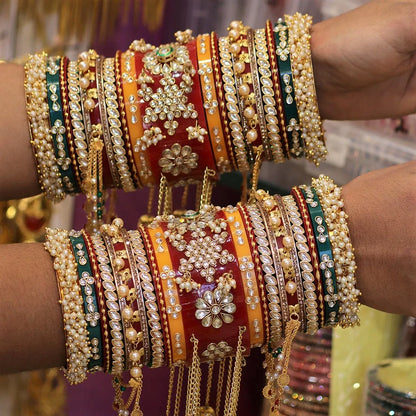 Bridal Bangles Set with Beautiful Gold Plated Chain Latkan
