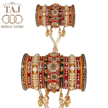 Rajwadi Bridal Bangle Set with Beautiful Chain Latkan Design Taj Bridal Store