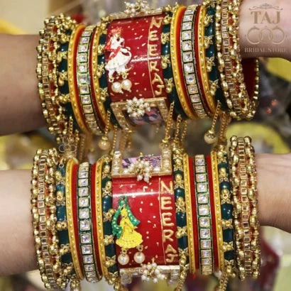 Rajwadi Name and Photo Bangle Set with Beautiful Doli Design Taj Bridal Store