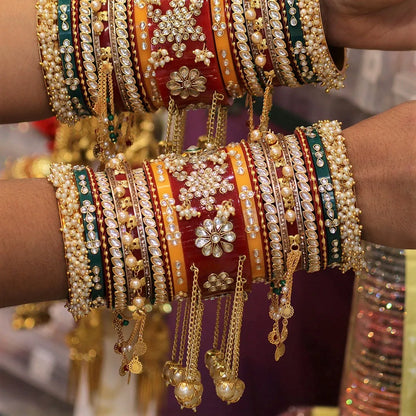 Bridal Bangles Set with Beautiful Gold Plated Chain Latkan