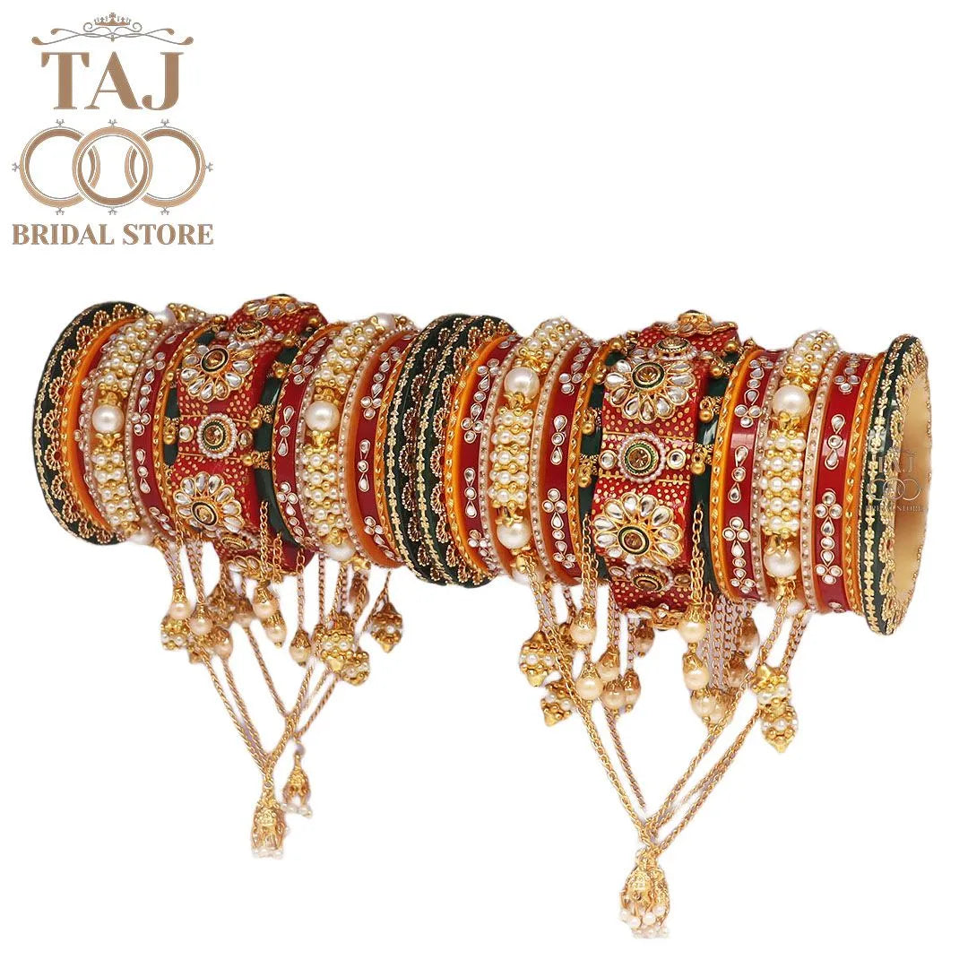 Rajwadi Bridal Bangle Set with Beautiful Chain Latkan Design Taj Bridal Store