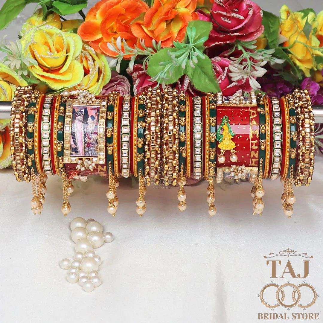 Rajwadi Name and Photo Bangle Set with Beautiful Doli Design Taj Bridal Store