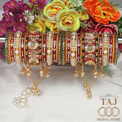 Rajwadi Bridal Bangle Set with Beautiful Chain Latkan Design