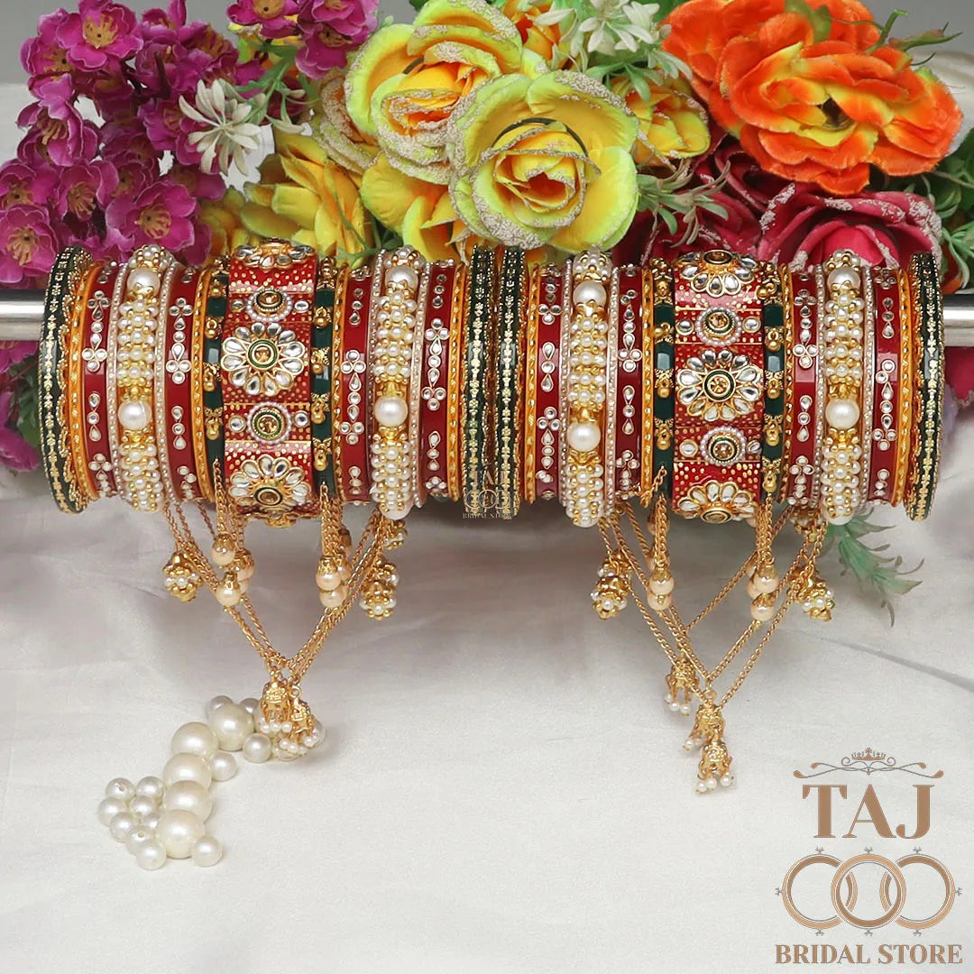 Rajwadi Bridal Bangle Set with Beautiful Chain Latkan Design Taj Bridal Store