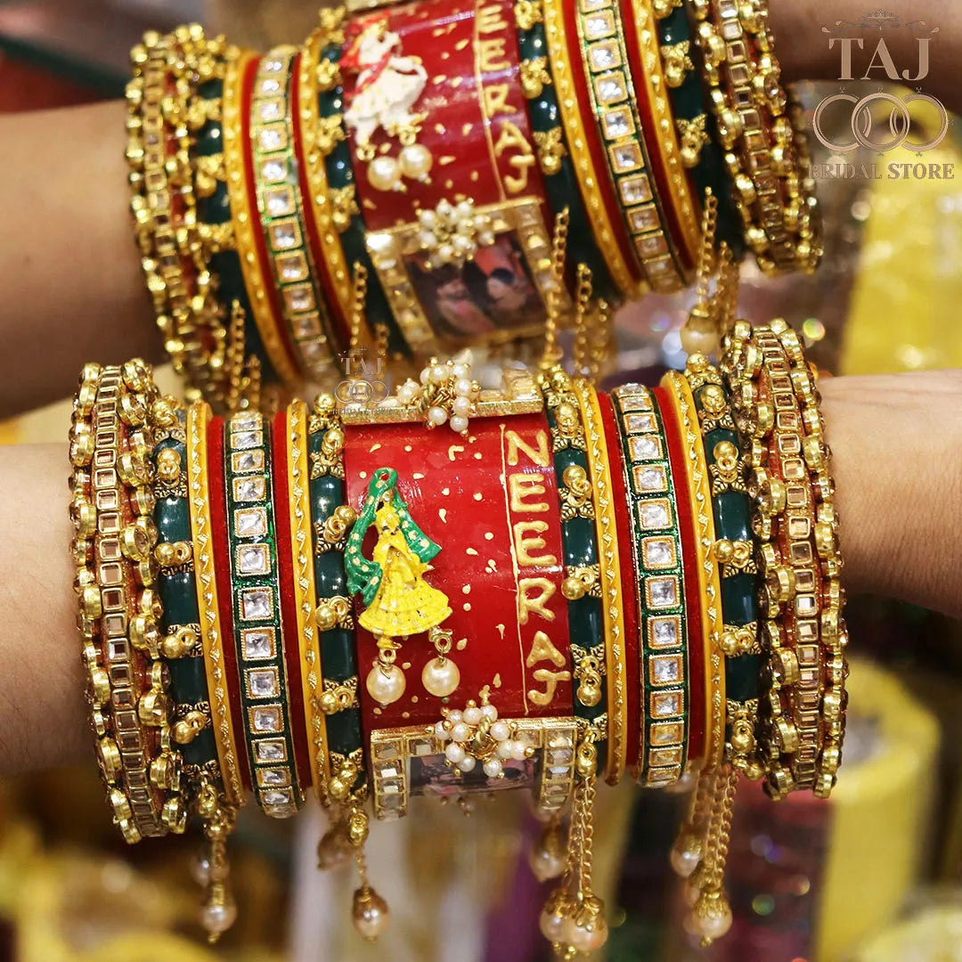 Rajwadi Name and Photo Bangle Set with Beautiful Doli Design Taj Bridal Store